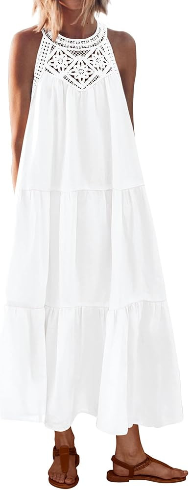 BTFBM Summer Halter Dresses for Women 2025 Casual Spring Hollow Out Sleeveless Boho Sundresses Be... | Amazon (US)