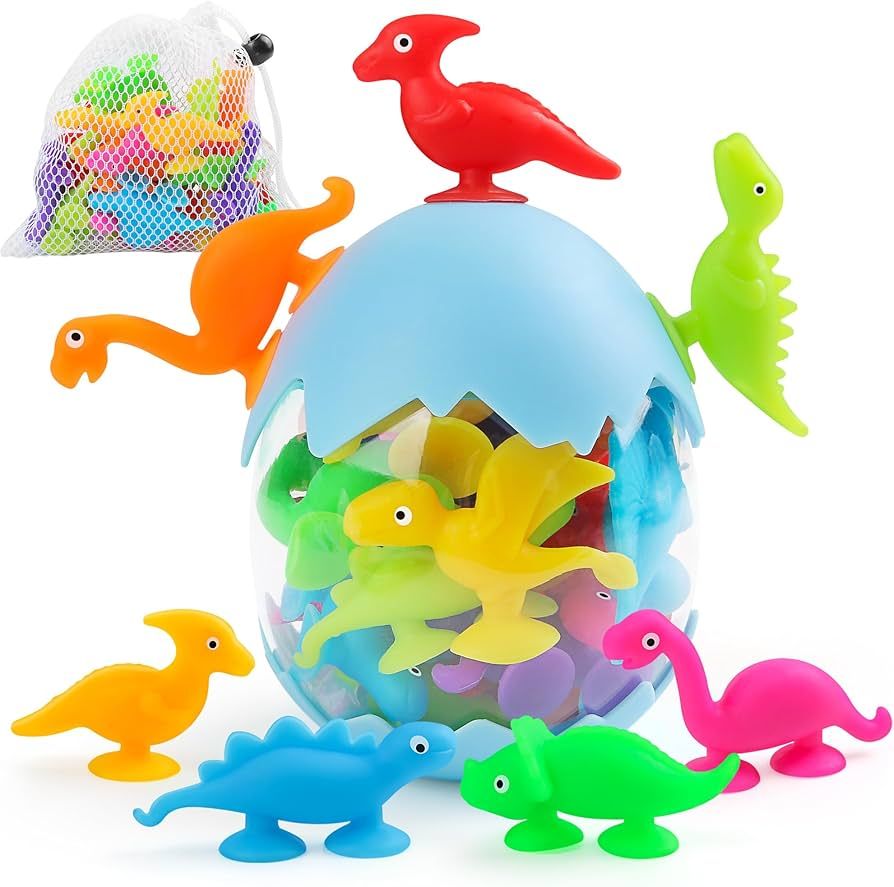 Baby Suction Cup Toys, 20PCS Silicone Dinosaur Sucker Toys with Eggshell Storage, Sensory Bath To... | Amazon (US)