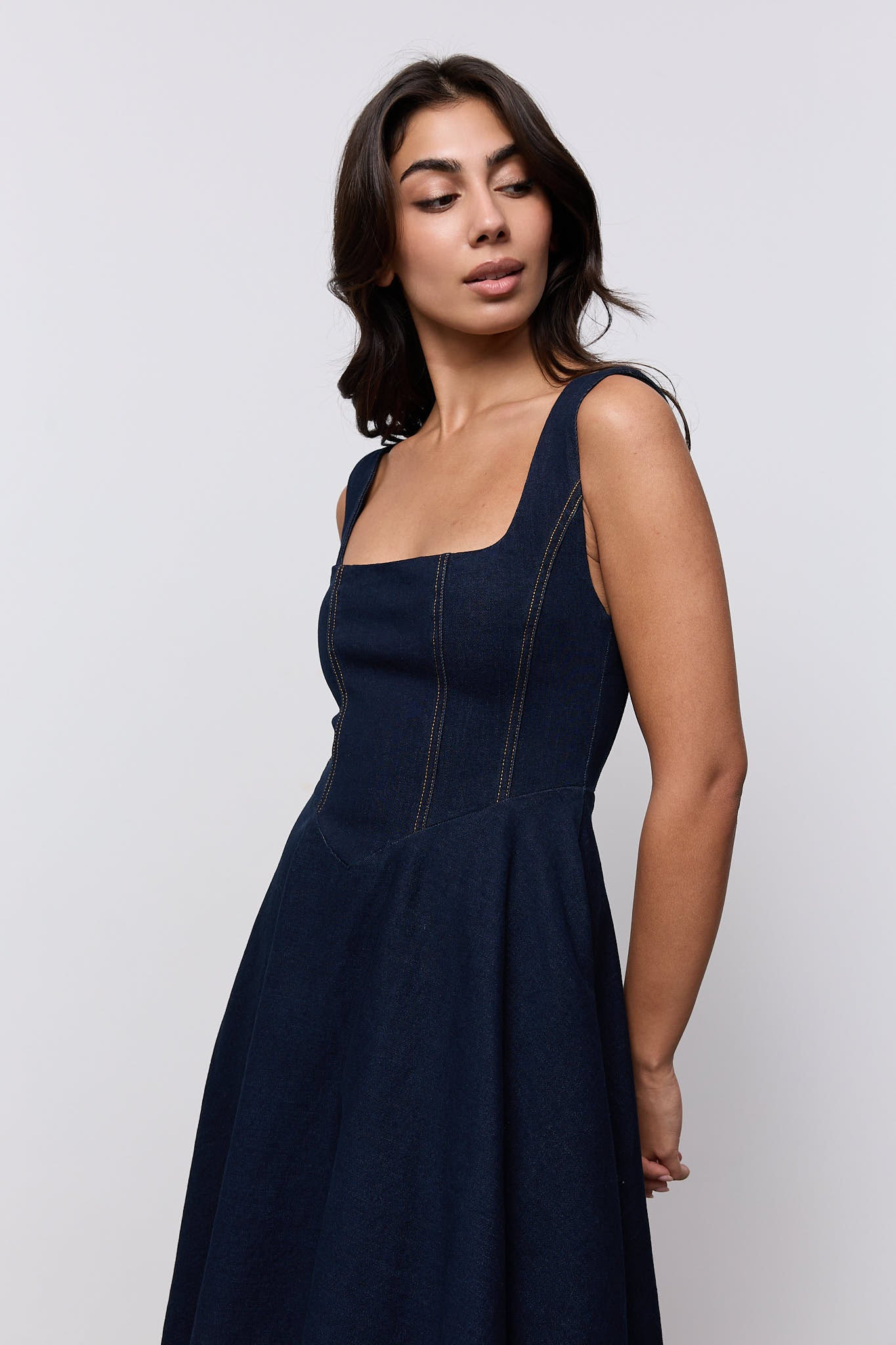 Cotton Mix Denim Square Neck Midi Dress | Odd Muse