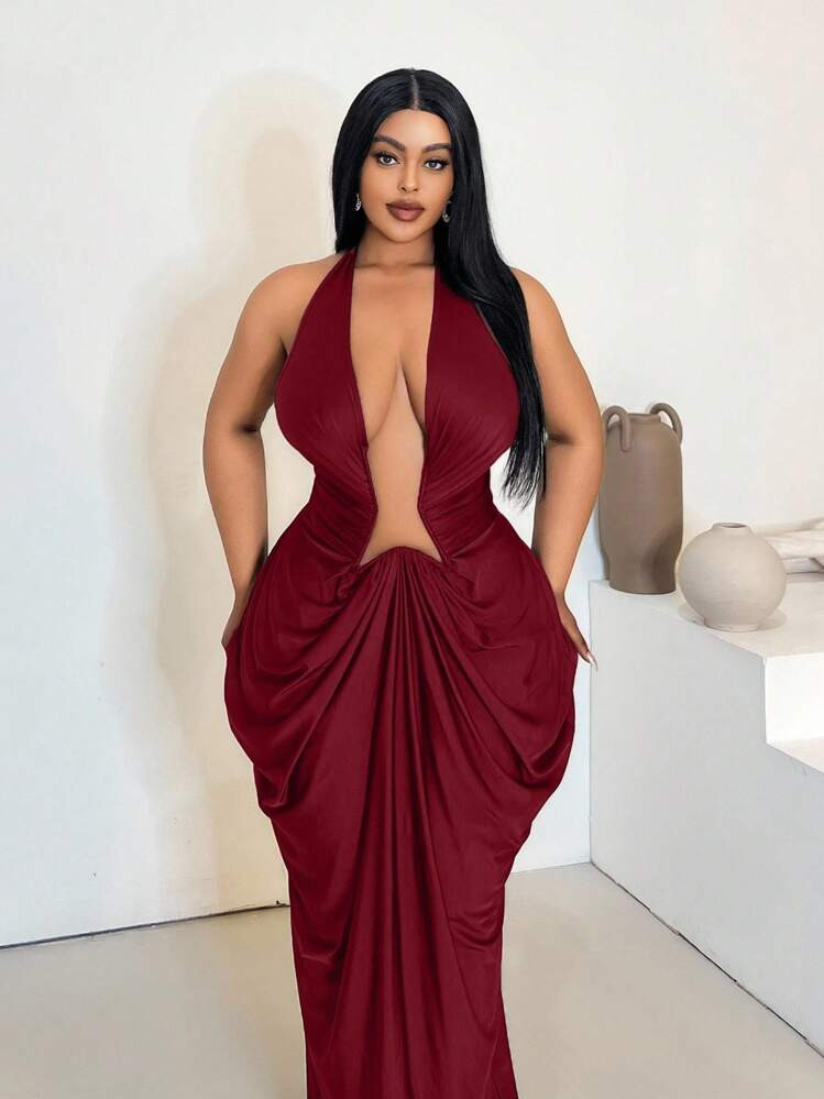 Maweii Plus Size Fashionable Sexy Deep V-Neck Backless Halter Dress | SHEIN