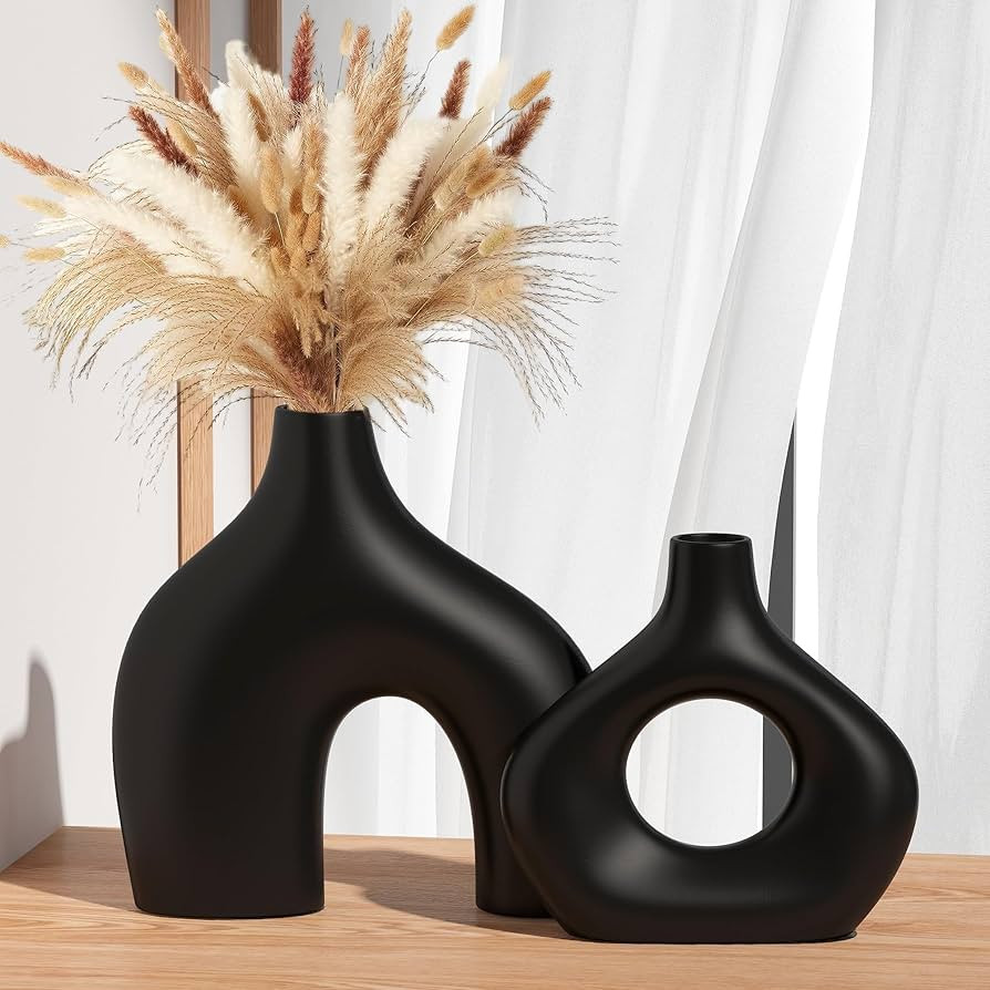 Ceramic Vase Set of 2, Black Pampas Grass Vases for Home Decor, Round Boho Vases for Flowers, Nor... | Amazon (US)