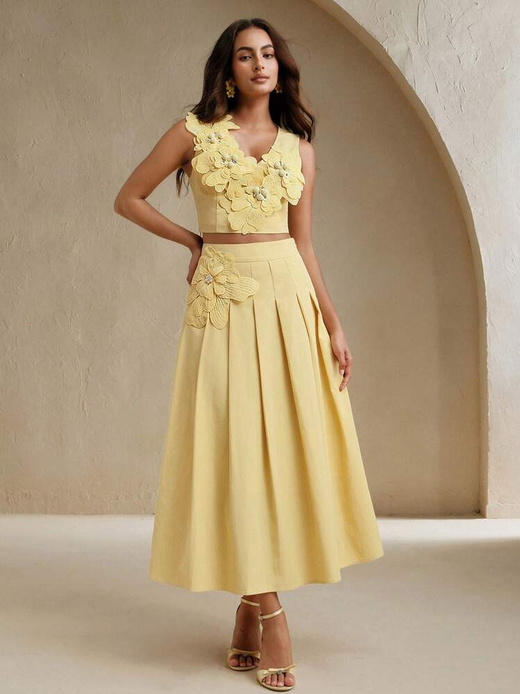 Anewsta Women Elegant 3D Flower Decor Camisole Top And Skirt 2 Pieces Set, Summer | SHEIN