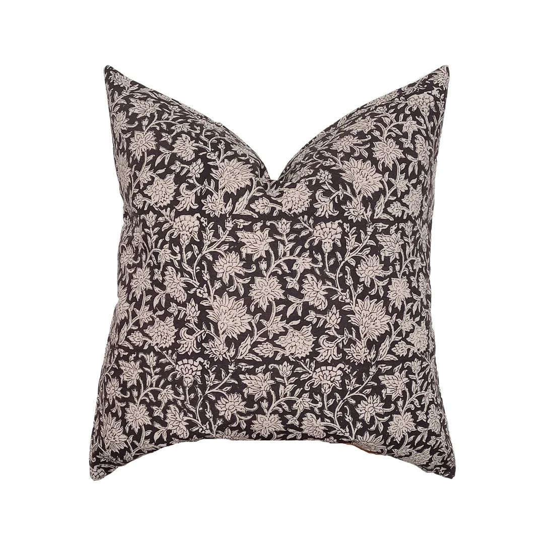 Emmett  Black Floral Handblock Pillow Cover  Black Onyx - Etsy | Etsy (US)