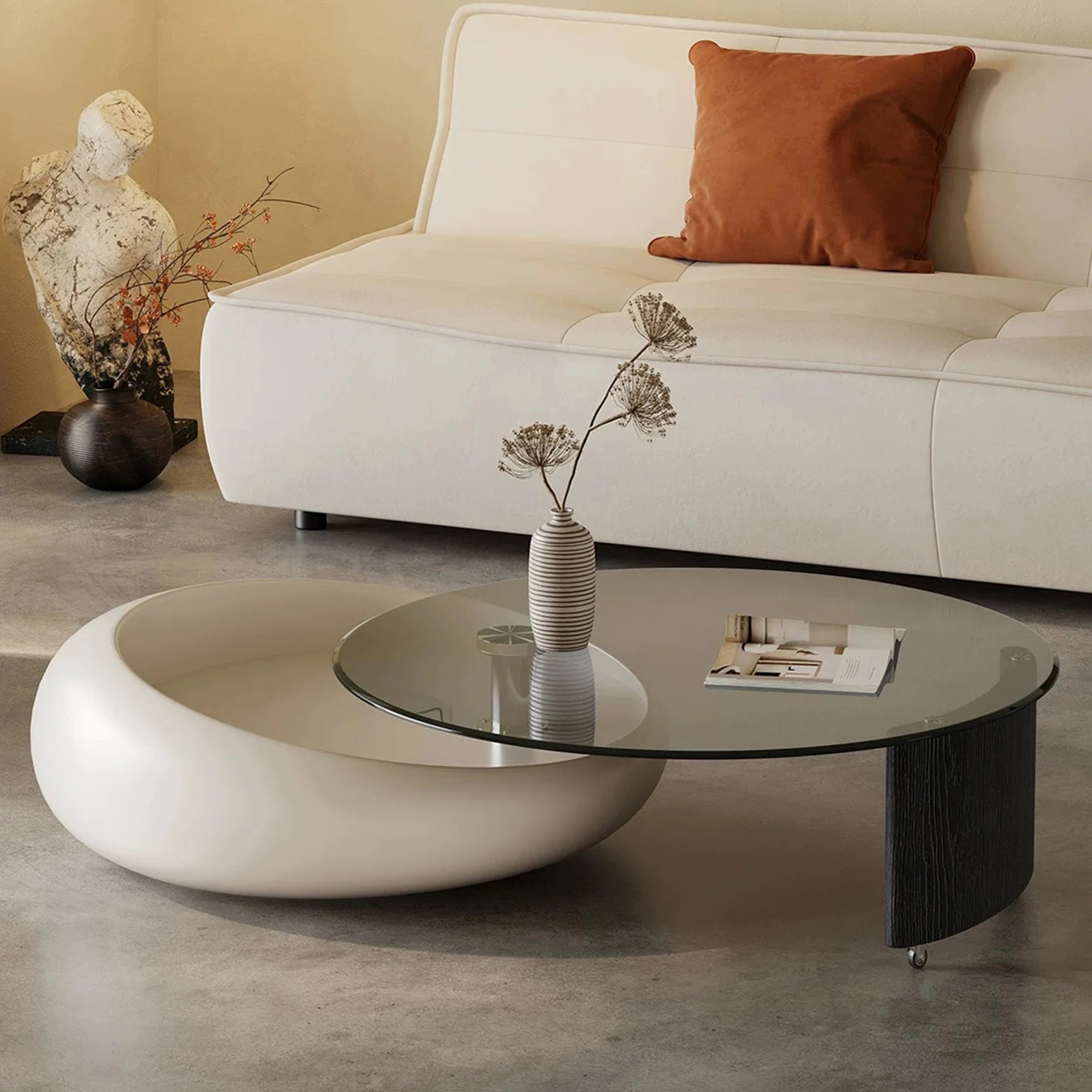 50.4'' Modern Round Nesting Coffee Table, Luxury Coffee Table with 360° Rotating Tempered Glass ... | Wayfair North America