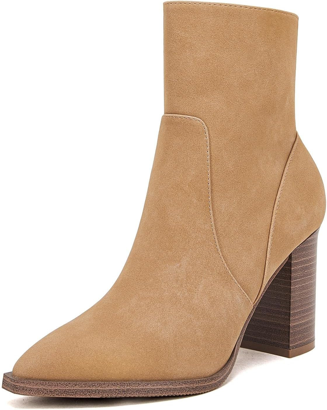 Women's Pointed Toe Ankle Boots Chunky Stacked Heel Side Zipper Faux Leather Ankle Booties | Amazon (US)
