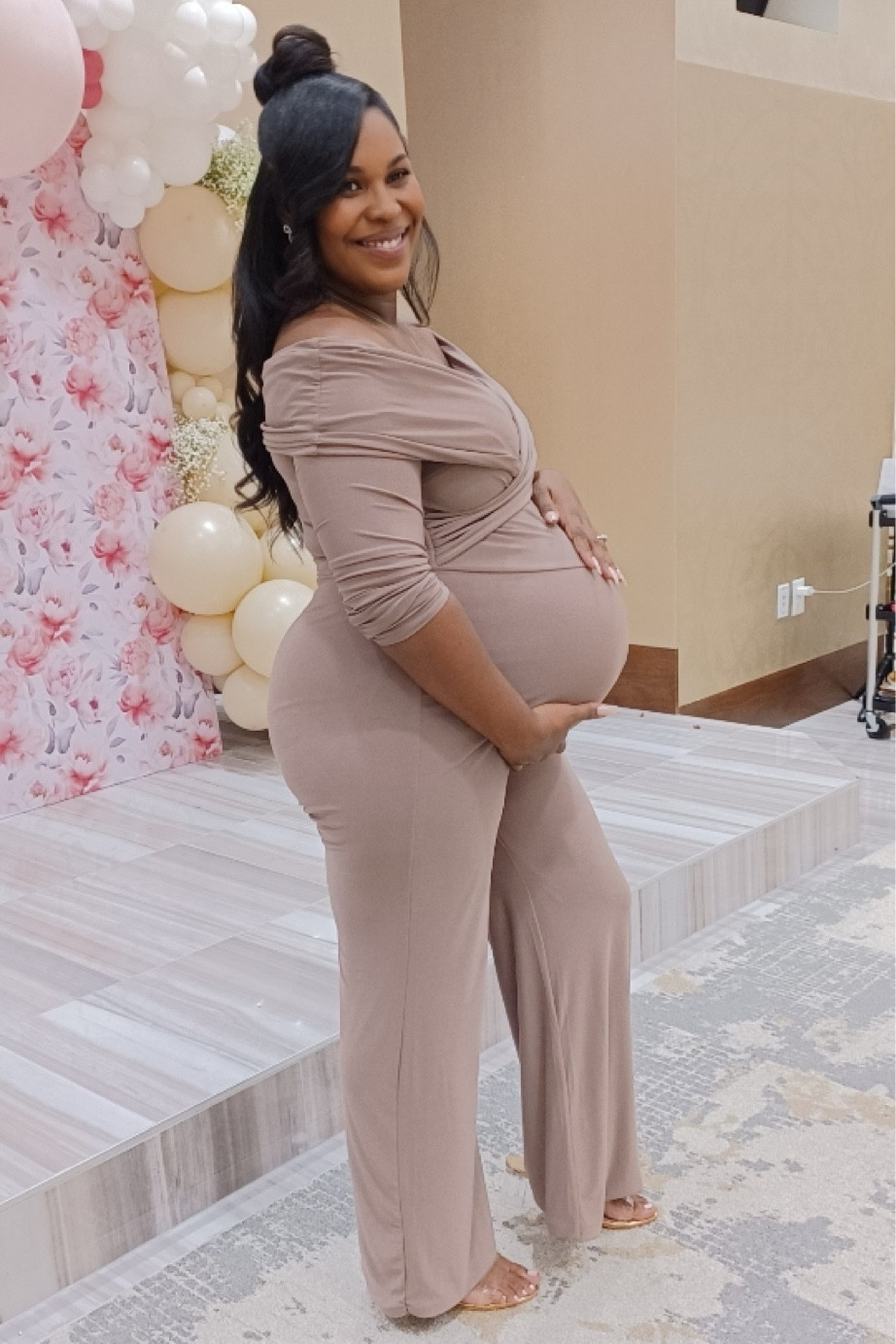 My baby shower outfit to celebrate baby girl 🌸 I got everything from Amazon! This jumpsuit was so comfortable! 

#pregnancy #bump #babyshower #maternity #party #event #floral 

#LTKBump #LTKParties #LTKFindsUnder50