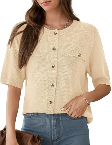Women's Summer Button Down Shirts Casual Short Sleeve Crew Neck Ribbed Knit Blouse Open Front Work Cardigans Cream | Amazon (US)