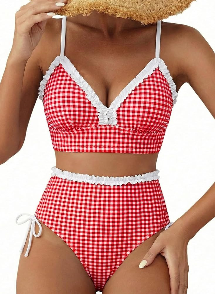 Herseas Women's Splice Ruffle Trim Bikini Sets Tie Side Swimsuits High Waisted Bathing Suits | Amazon (US)