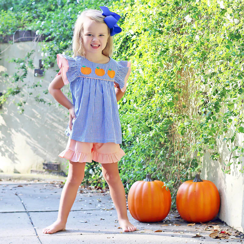Pumpkin Picking Royal Blue Gingham Maeve Short Set | Classic Whimsy