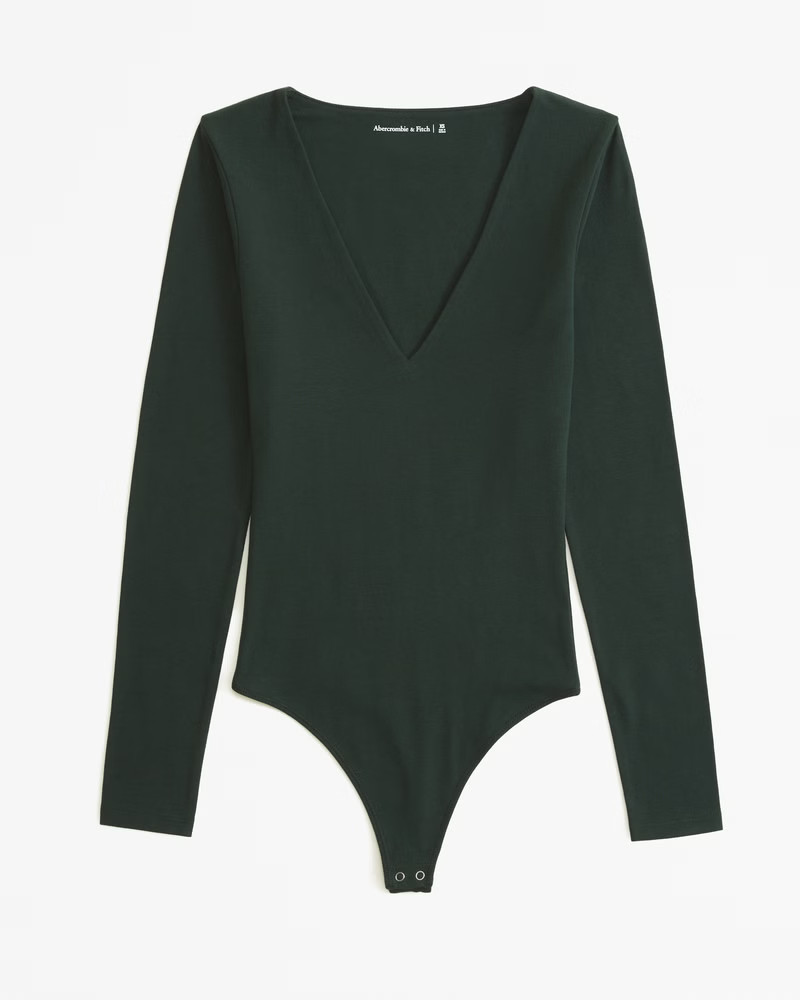 Long-Sleeve Cotton-Blend Seamless Fabric V-Neck Bodysuit | Abercrombie & Fitch (US)