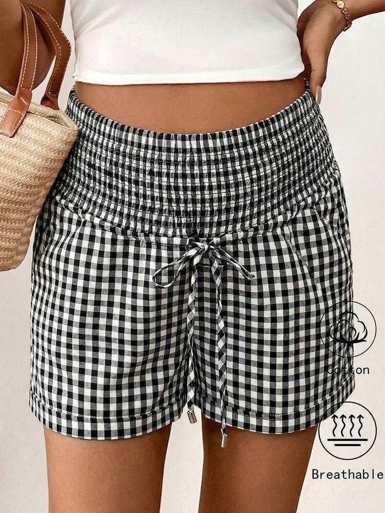 SHEIN Pregnant Women's Plaid Print Tie-Front Casual Shorts, Spring/Summer | SHEIN