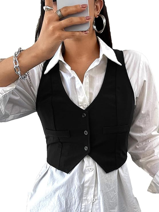 SweatyRocks Women's Solid Button Front Crop Waistcoat V Neck Sleeveless Blazers | Amazon (US)