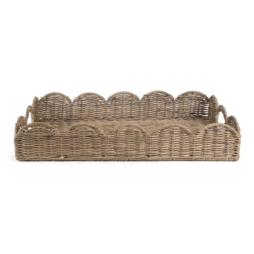 happimess TRY1000A Scalloped 21.5" Southwestern Cottage Hand-Woven Rattan Tray with Handles for Storage,Decoration, Display, Coffee Table or Serving Food, Natural | Amazon (US)