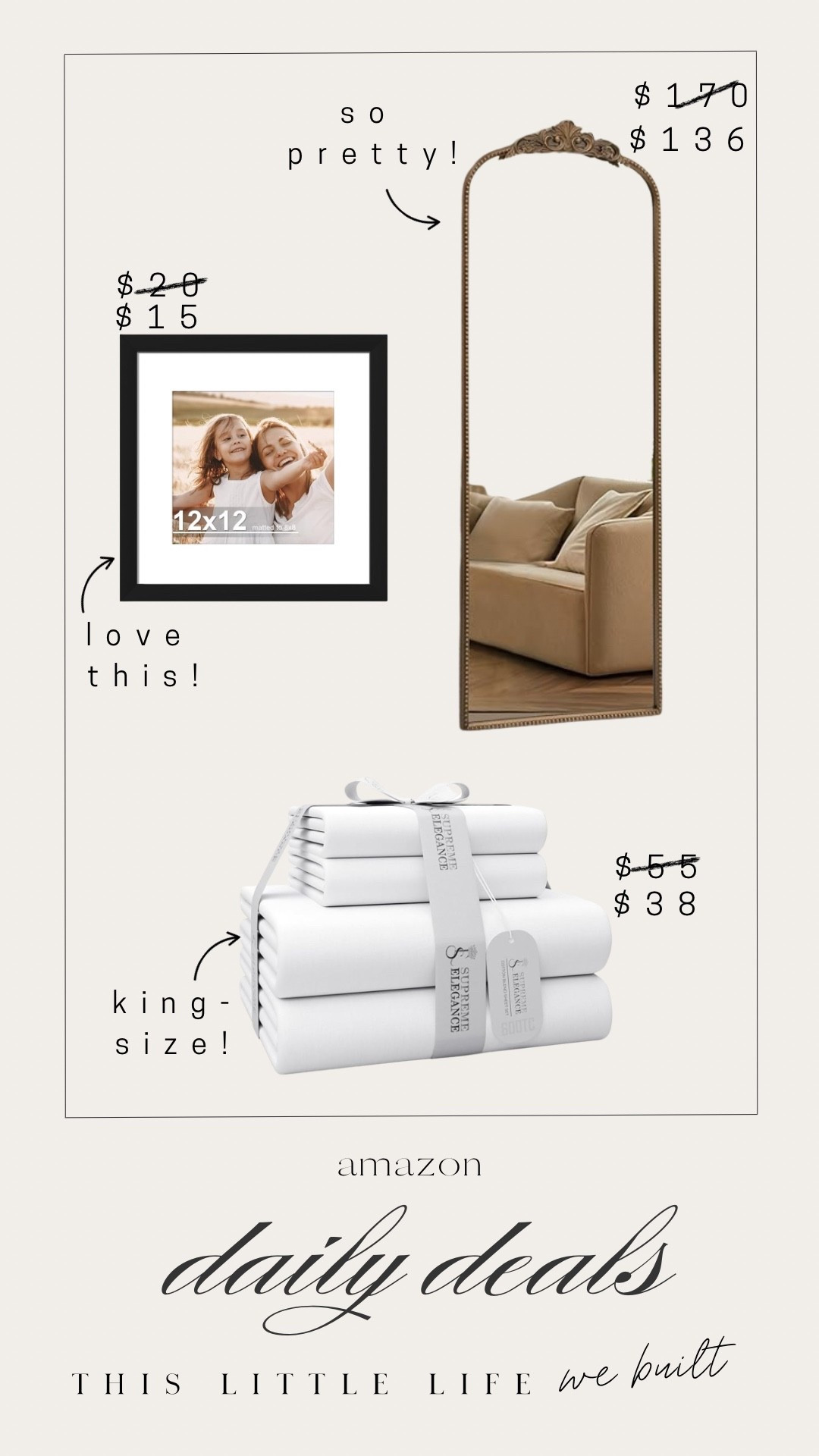 Amazon daily deals! 



Sheets, floor length mirror, picture frame, Amazon home, affordable home 

#LTKSeasonal #LTKSaleAlert #LTKHome