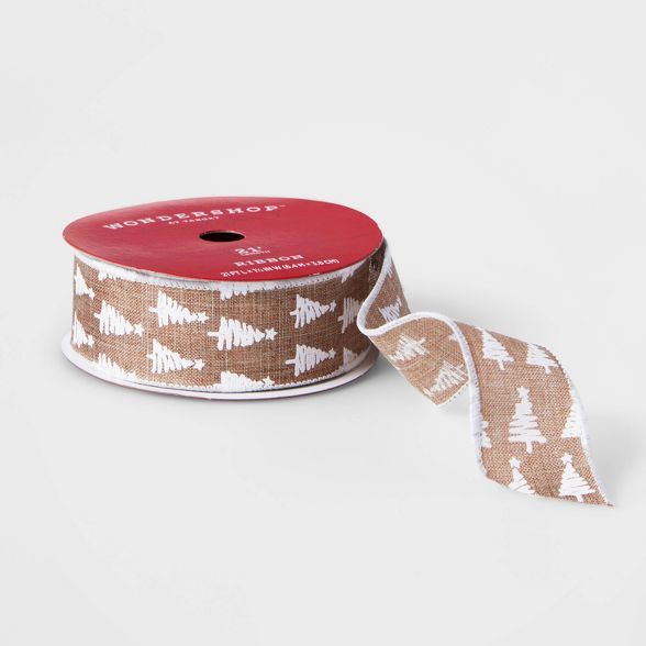 1.5" Faux Linen Tree Print Ribbon Natural & White 21ft - Wondershop™ | Target