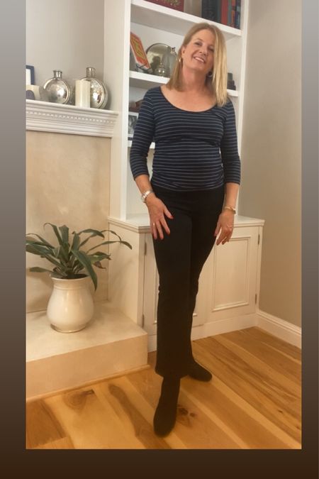 Love this scoopneck too from Vince, especially since it’s on sale! It’s a little chilly to wear on its own now, but throw an a vneck sweater or an oversized blazer to stay warm. I like it with the Frame boot cropped flares and heeled boots. The color is a deep navy, but it can pass for black or blue. I love the light blue stripe. A great top for spring!

#LTKsalealert #LTKSeasonal #LTKstyletip