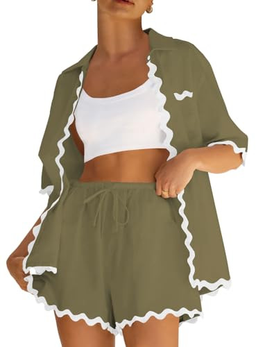 ARTFREE Women's 2 Piece Outfit Sets Beach Short Sleeve Button Down Shirts and Shorts Pajama Sets ... | Amazon (US)