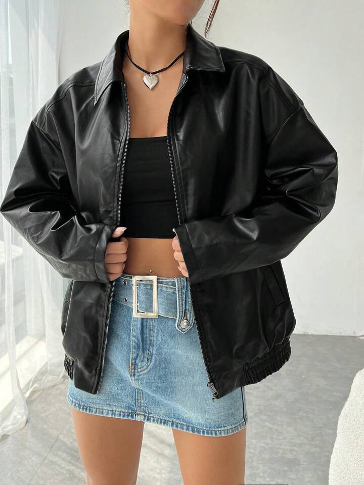 SHEIN X Virginia & ZeFelipe Casual And Stylish Zippered Off-Shoulder PU Leather Jacket | SHEIN