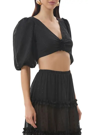 AFRM Emily Clip Dot Cutout Puff Sleeve Crop Top in Noir at Nordstrom Rack, Size X-Small | Nordstrom Rack