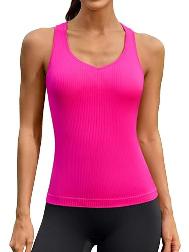 ATTRACO Athletic Tank Tops Ribbed Yoga Tank Top Racerback Workout Top Sleeveless Running Shirt XL Rose Pink | Amazon (US)