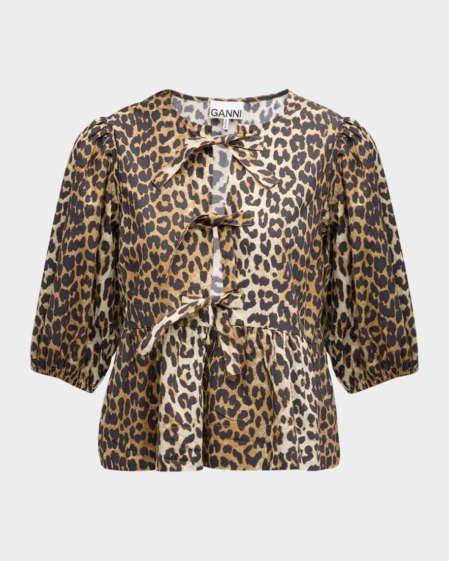 Ganni Printed Self-Tie Peplum Blouse | Neiman Marcus