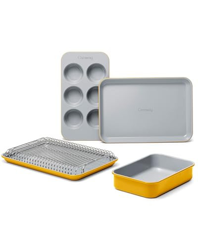 Caraway Mini Bakeware Set – Naturally Non-Stick, Non-Toxic Ceramic Coating – Compact Baking Pans Set for Small Kitchens & Ovens – Includes Baking Sheets, Muffin Pan, Cooling Rack & Storage - Marigold | Amazon (US)