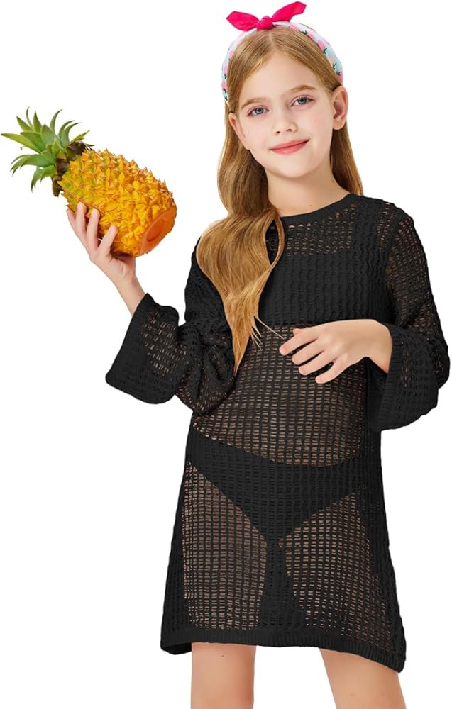 Batermoon Girls Swimsuit Cover up Crochet Bikini Cover Ups Hollow Out Net Long Sleeve Swimwear fo... | Amazon (US)