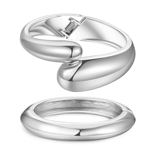 Silver Bangle Bracelets for Women | 2-Pack Arm Cuff Bangles | Trendy Hinged Cuff Open Wide Chunky Silver Bracelet Stack Jewelry for Women | Amazon (US)