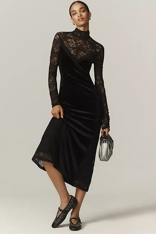 By Anthropologie Long-Sleeve Mock-Neck Lace Velvet Slip Midi Dress | Anthropologie (US)