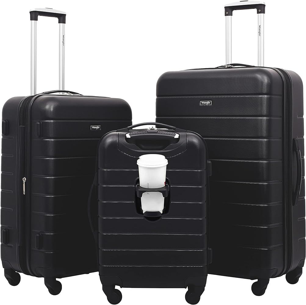 Wrangler Smart Luggage Set with Cup Holder and USB Port, Black, 3 Piece Set | Amazon (US)