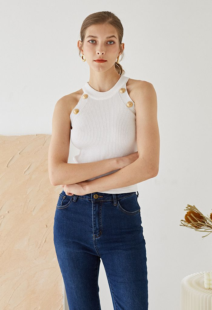 Golden Button Halter Neck Knit Tank Top in White | Chicwish