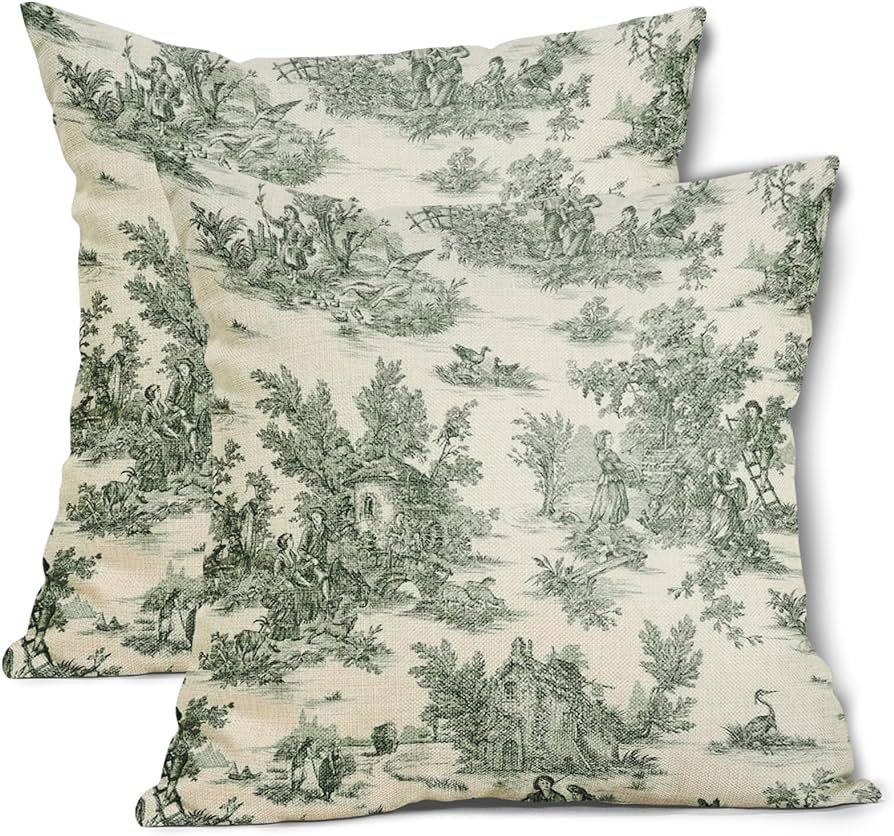 aportt French Country Pillow Covers Set of 2 16x16 Inch Vintage Toile Green Cotton Linen Polyeste... | Amazon (US)