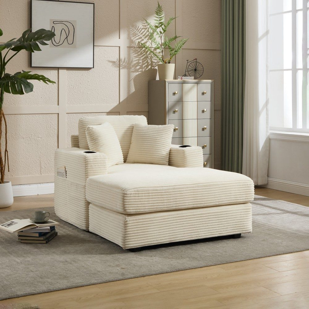 Coolbibila Beige Corduroy Upholstered Chaise Lounge Sofa with Cup Holders and Magazine Bag for Living Room in White | EMILY-CHAIR-BEIGE | Lowe's