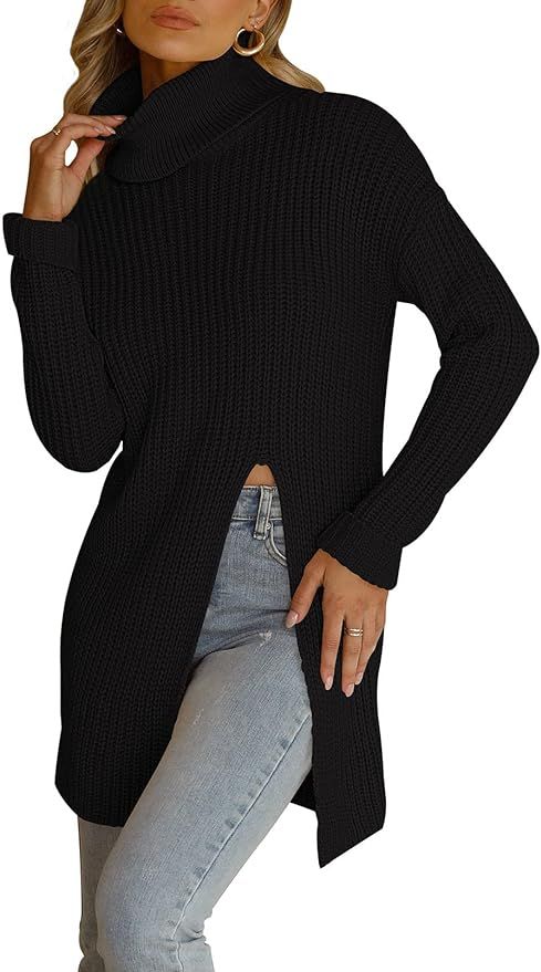 Shawhuwa Women's Long Sleeve Turtleneck Side Split Loose Chunky Knit Pullover Sweater Jumper Tops | Amazon (US)