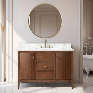 48 in. W x 22 in D x 38 in. H Single Sink Bathroom Vanity Cabinet in Linear Walnut with White Engineered Marble Top | The Home Depot