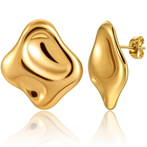 Chunky Gold Stud Earrings for Women, 14k Gold Plated Hypoallergenic Statement Earrings, Dainty Geometric Thick Studs Lightweight Earrings Fashion Jewelry Gifts | Amazon (US)