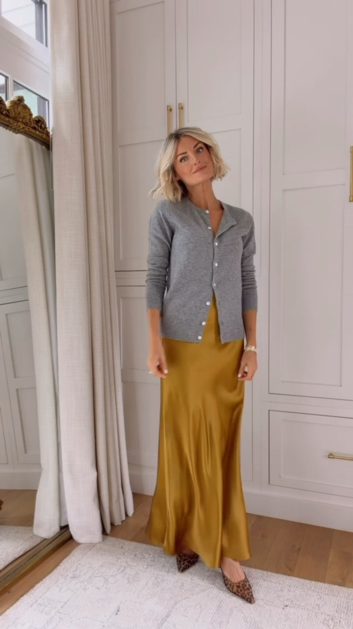 Capsule pieces for your closet! I love that this chartreuse color is bold but it can still be very versatile! It also comes in other colors as well! Wearing S! 

Loverly Grey, Quince, silk satin skirt, cardigan, fall outfit, capsule wardrobe, closet staple