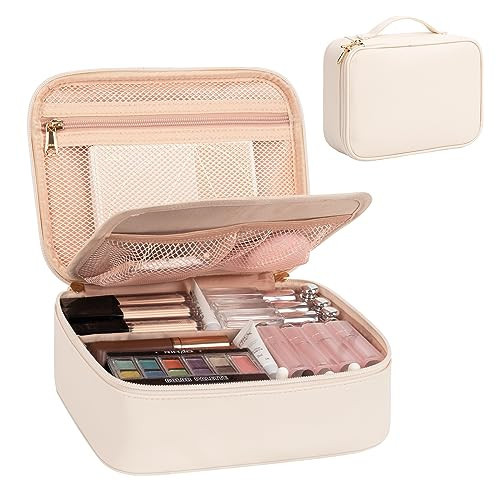 Makeup Bag, Potable Make up Bag Cute Makeup Organizer Bag for Toiletry Cosmetics Accessories with Divider and Brushes Compartments, Makeup Travel Case Cosmetic Bags Women and Girls- Beige White | Amazon (US)
