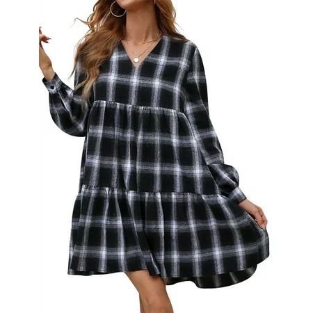 Women Black Checkered Print V Neck Long Sleeve Babydoll Dress | Walmart (US)