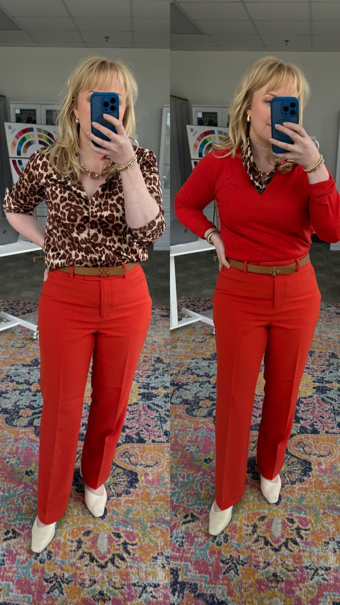 A beautiful shade that sits somewhere between germanium/rust/terracotta.  Perfect for #hocspring or #hocautumn 

Leopard shirt: small 
Pants: 10R I’m 5’3 if I wanted to wear with flats I would do the petite
Sweater: medium 