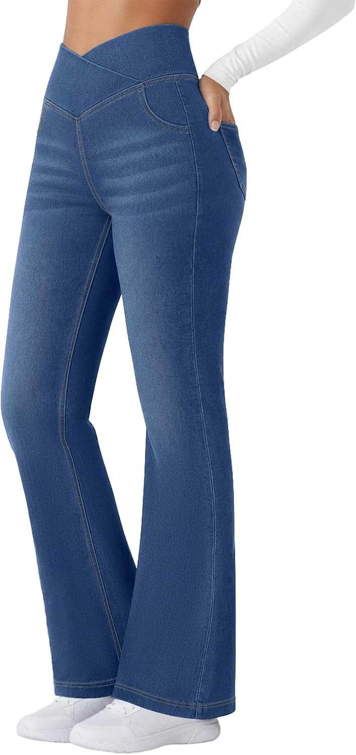 FireSwan Womens Flare Jeans Crossover High Waisted Bootcut Jeans | Amazon (US)