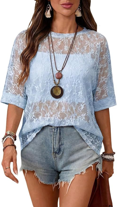 SOLY HUX Women's Floral Mesh Tops Short Sleeve Crew Neck See Through T Shirts Vacation Festival O... | Amazon (US)