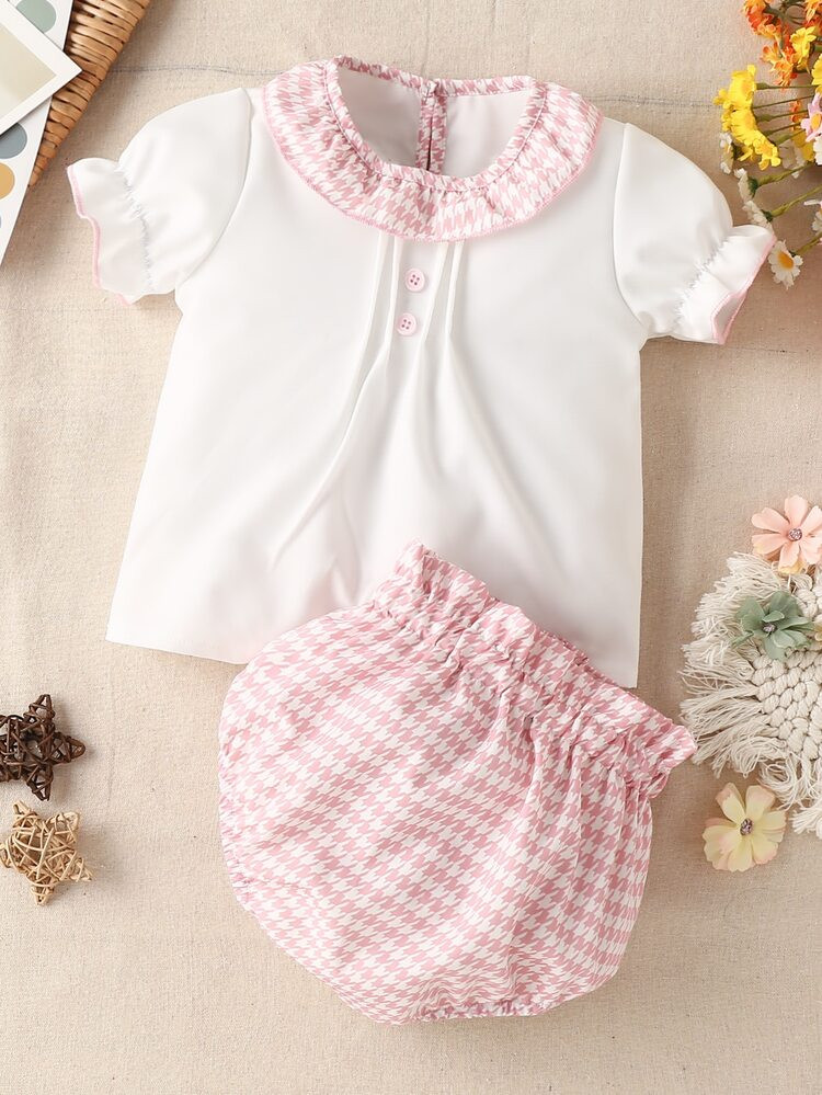 Baby Houndstooth Print Ruffle Trim Flounce Sleeve Blouse & Shorts | SHEIN