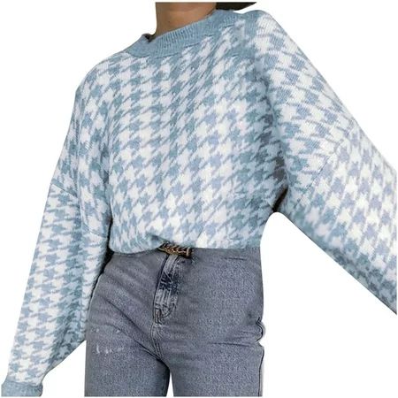 SMihono Mock Neck Vintage Geometric Houndstooth Print Knit Retro Pullover Short Sweaters for Women L | Walmart (US)