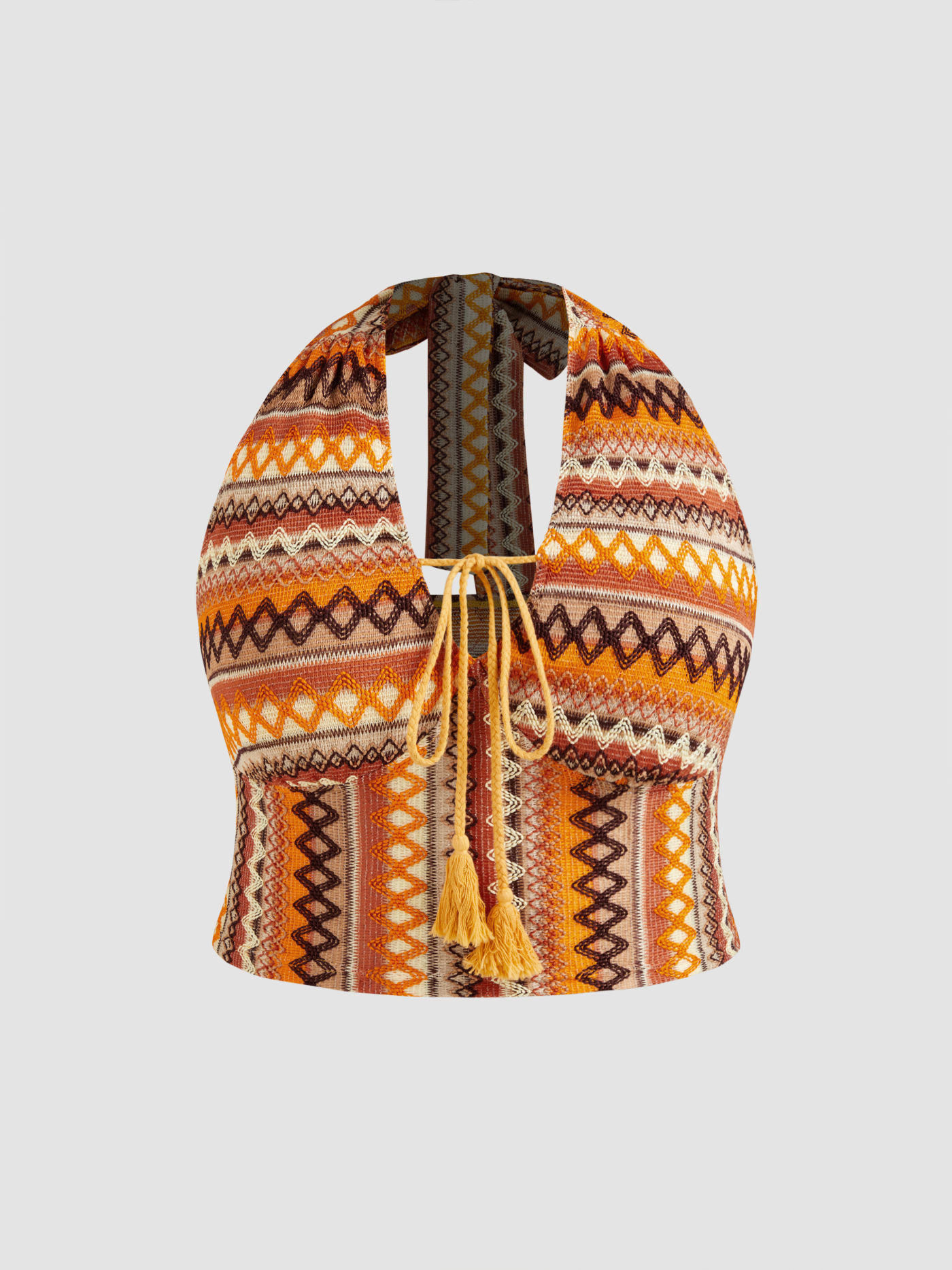 Linen-blend Halter Aztec Knotted Crop Top Curve & Plus For Vacation | Cider