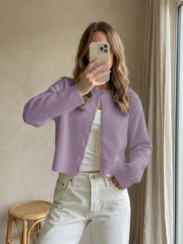 Women's Minimalist Solid Color Round Neck Button Long Sleeve Knit Cardigan Sweater, New Year & Valentine's Day | SHEIN