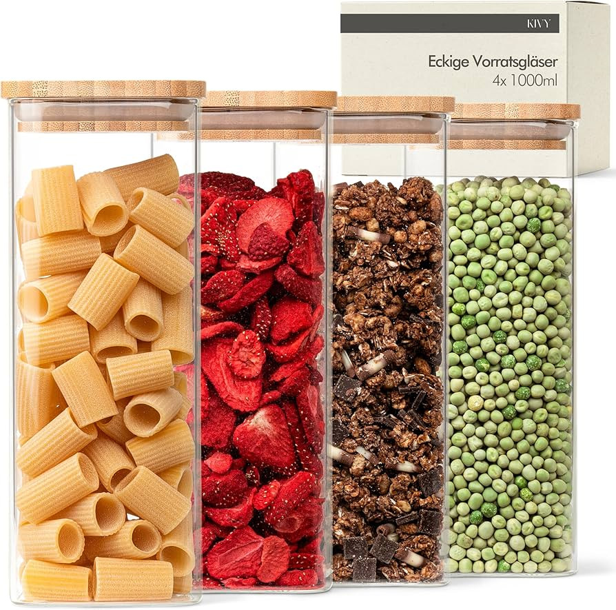 KIVY Vorratsgläser mit Deckel Luftdicht [4x 1000ml] Eckige Vorratsdosen Glas mit Deckel - Glasbe... | Amazon (DE)