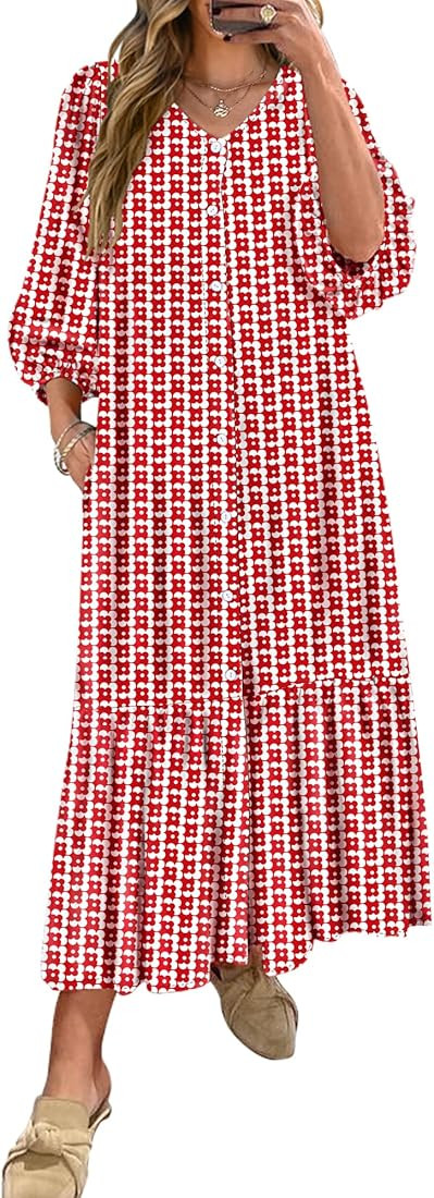 ANRABESS Womens Boho Maxi Dresses Summer Floral V Neck Puff Sleeve Flowy Swing Tiered Long Beach ... | Amazon (US)