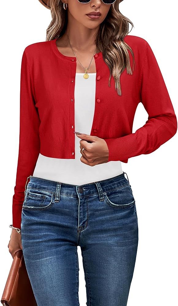 Newshows Cropped Cardigan Sweaters for Women 2023 Crew Neck Button Down Open Front Knit Bolero Sh... | Amazon (US)