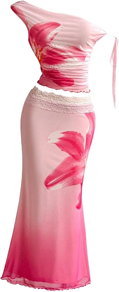 SOLY HUX Women's 2 Piece Outfit Floral Mesh Ruched One Shoulder Crop Tank Top and Bodycon Maxi Sk... | Amazon (US)